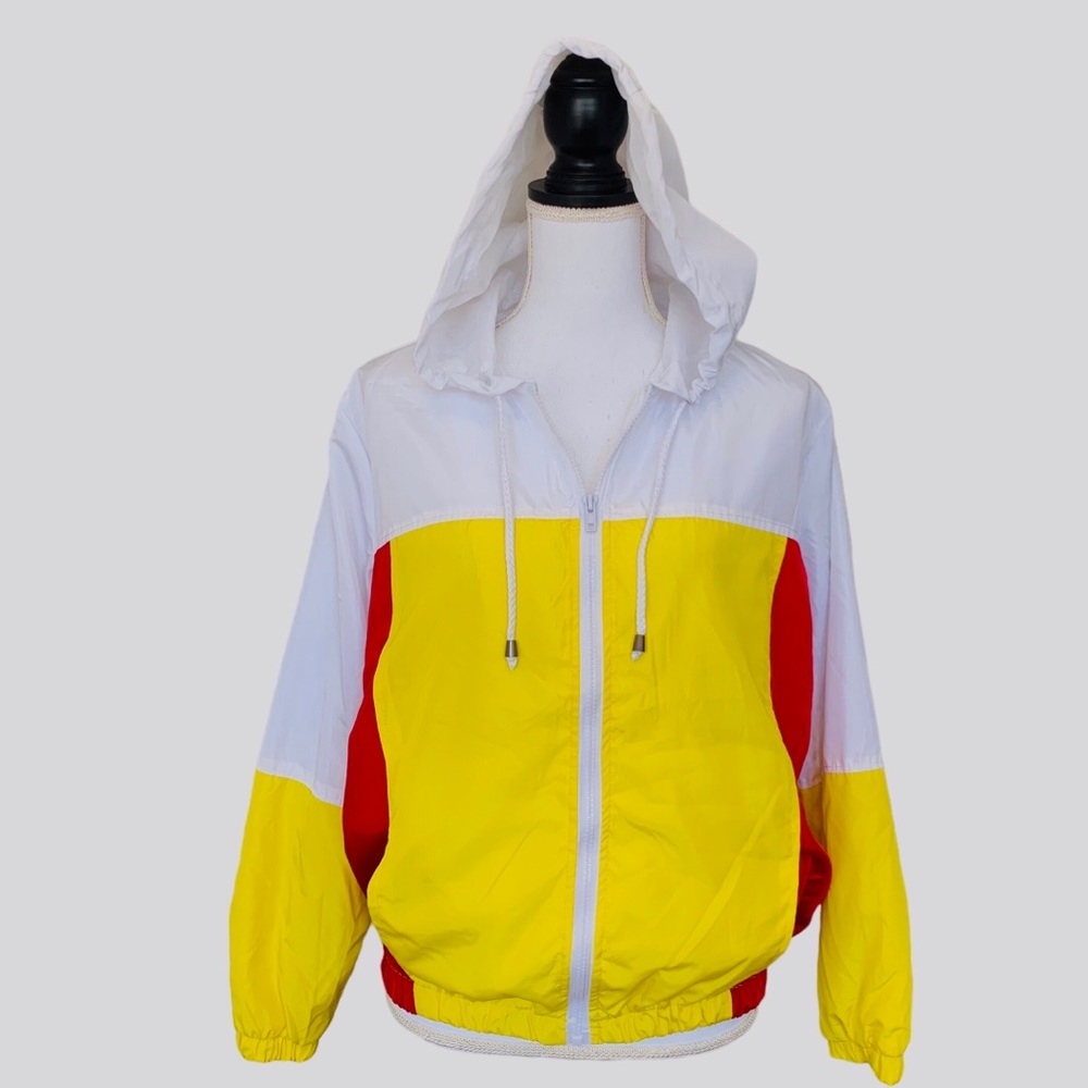 URBAN RERTO COLOR BLOCK HODDED ZIP-UP WINDBREAKER WITH POCKETS RED YELLOW &WHITE